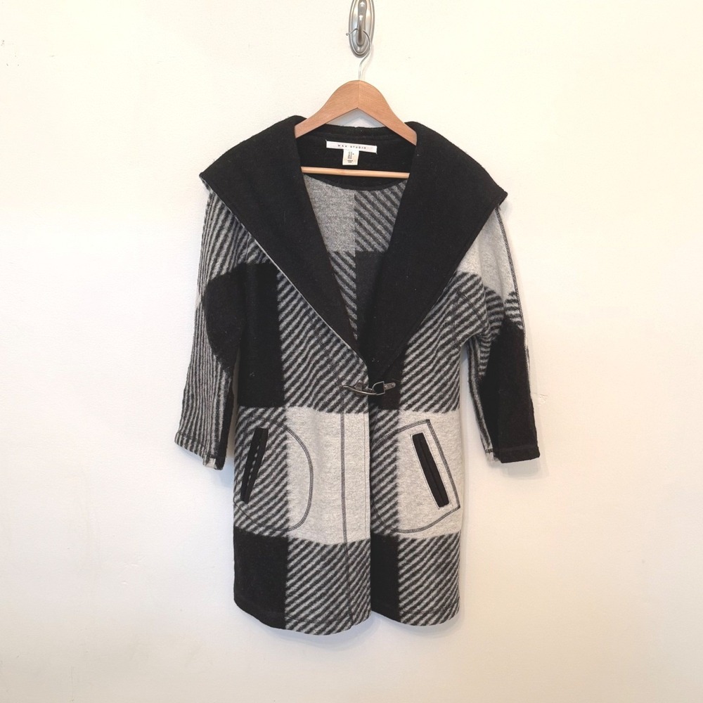 Buffalo plaid Hooded Coat Women M Black White Excellent Plaid Wool Blend Jacket
